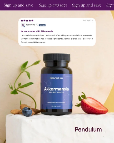 A 4:5 vertical ad featuring a positive customer testimonial review overlayed above the product bottle, surrounded by minimalist imagery of blueberries and almonds.